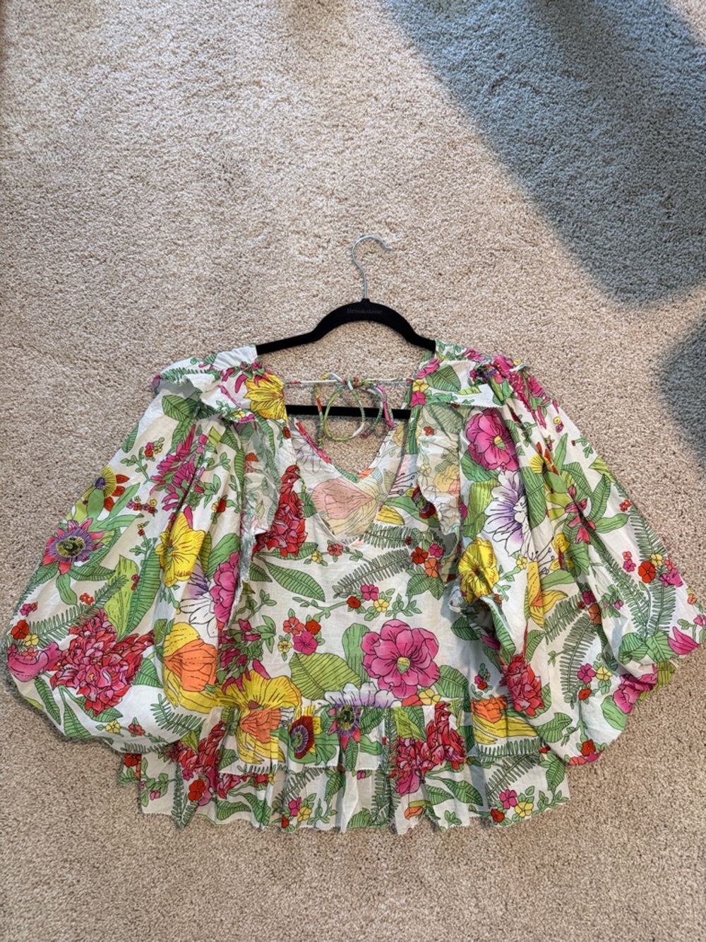 Floral Ruffle Peplum Blouse in White with Pink, Yellow & Green - Picture 3 of 3